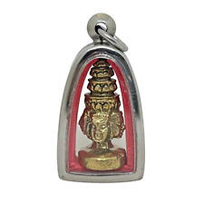 Khmer Lord Brahma Four Face Buddha God Brass Amulet Stainless Case Pendant picture