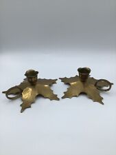 Set of 2 Brass Candle Stick Holders Holly Leaf Design Finger Ring Etched Leaf picture