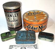 Lot Vintage Tins O-Cedar mop head,Stanly A-Z Cleaner, household wire nails decor picture