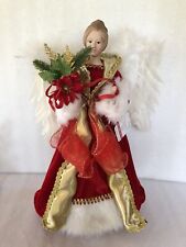 Ashland 16” Angel Tree Topper Red + Gold Dress White Feather Wings & Faux Fur picture