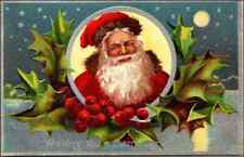 Red Robe Santa Claus with Holly~Stars~Moon~ Antique Christmas Postcard~k-209 picture