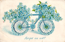 1907 FORGET ME NOT POSTCARD Blue Flowers on Bicycle Embossed Antique picture