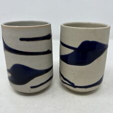Set of 2 Pier One Ceramic Stoneware Handleless Cups Navy and Ivory Tumblers picture