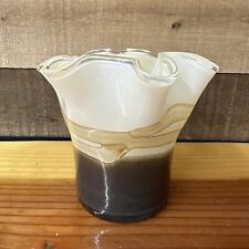 Vtg Josefina Krosno Hand Made Glass Ruffled Edge Cream Brown Vase 5.5” picture