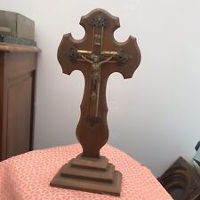 Antique French Crucifix cross christ Free Standing Wood 14” 1800s Altar Metal picture