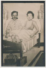 BAREFOOT LINGERIE WOMAN & PART TIME LOVER BOY in BED 40's ARCADE PHOTO Booth picture