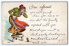 c1905 Grandma Standing Chair Scared To Mouse Write Away Posted Antique Postcard picture