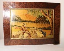 vintage M. Cohn inlaid overlaid marquetry sheep herder scene wood wall sculpture picture