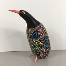Vintage Peruvian Dried Gourd Hand-Carved Black Bird Colorful Folk Art Figurine picture