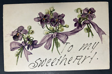 Glitter Postcard To My Sweetheart Purple Flowers Ribbon c1910 picture