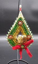 Vtg 1980s Tree Shape Christmas Ornament Sequin Beaded Push Pin Gold Red Green picture