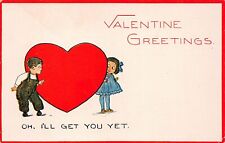 Antique Valentines Day Card Large Heart Minimalist Blue Dress Vtg Postcard B10 picture