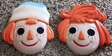 Vintage 40s Raggedy Ann & Andy Chalkware Wall Plaques Hanging Faces  picture