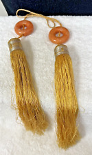 Pair Vintage Asian Long Tassels w Stone Round Pieces 19 Inches Gold & Peach picture