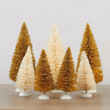 Set of 7 Vintage Glittered Gold and White Bottle Brush Trees with White Base - H picture