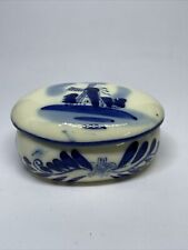 Small Blue & White Trinket Box Windmill House Trees picture
