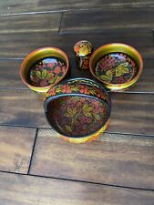 VINTAGE KHOKHLOMA RUSSIAN / USSR FOLK ART HAND PAINTED WOOD 4 PCS BlACK GOLD RED picture
