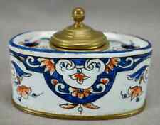 Late 19th Century French Faience Hand Painted Blue & Orange Floral Small Inkwell picture