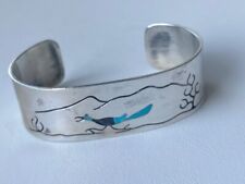 NATIVE AMERICAN  925 STERLING SILVER TURQUOISE INLAYED ROADRUNNER BIRD BRACELET picture