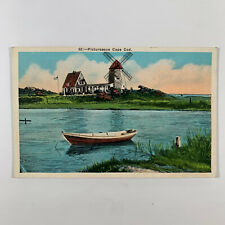 Postcard Massachusetts Cape Cod MA Wind Mill Boat Unposted 1930s White Border picture