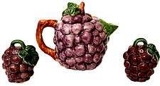 Vintage Handmade Grape Ceramic Teapot w/ Matching Grape Salt Pepper Shakers Set picture