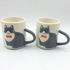 2 Set Vtg Gray Cat Orange Bow Tie Tail Handle Ceramic Coffee Mugs Taiwan 3 5/8