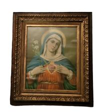 Antique Immaculate Sacred Heart of Mother Mary Religious Print Gold Frame 16x20 picture