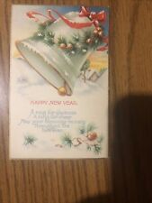 Happy New Year Silver Bells snowy pine bows Antique Postcard 1920s picture