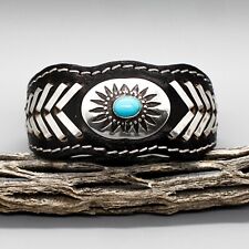 NAVAJO-BLACK LEATHER, TURQUOISE, &  STERLING CUFF BRACELET by FRANK ARMSTRONG picture
