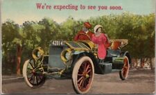 1910s Greetings Postcard Man & Woman in Car 