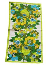 Vtg 60s Kitchen Tea Towel MCM Flowers Groovy Linen Green & Blues Floral Flowers  picture
