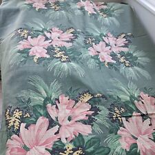 Vtg 1950's Barkcloth Fabric Bold floral tropical mossy green with pink orchids picture