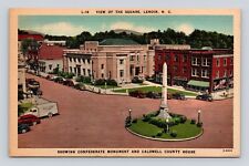 Postcard Lenoir NC Square Confederate Monument Caldwell County Cars Van 1940s #2 picture
