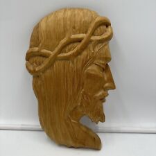 Hand Carved 11” Wood Jesus With Thorns Head Artist Signed Hanging Plaque Decor picture