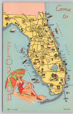 Come To Florida Map Greeting Linen Postcard picture