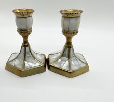 Vintage Pair Of Brass And Inlaid Mother Of Pearl Candlesticks picture