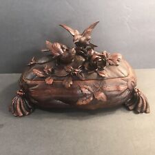 Antique Hand Carved Wooden Box/Jewelry Box/Black Forest/Birds/Flower/France 1900 picture