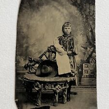 Antique Tintype Photograph Adorable Little Girl With Doll Log Chair & Big Hat picture