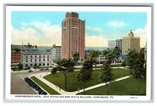 Harrisburger Hotel Post Office Building Harrisburg PA 1930's Cars Postcard picture