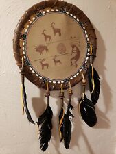Kokopelli Painted Southwestern Style Hand Drum Natural Skin Hide Leather Feather picture