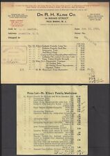 RED BANK, NJ ~ Dr. R. H. KLINE Co., MEDICINES ~ BILLHEAD & PRICE LIST 1915 picture