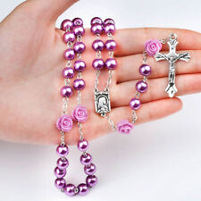 Purple Pearl Beads With Roses Rosary Necklace Lourdes Center Jerusalem Crucifix picture