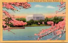 Washington DC-Lincoln Memorial And Cherry Blossoms, Vintage Postcard Unposted picture