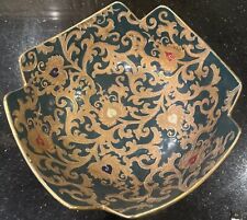 Vintage Asian Orchid Bowl Green Gold Floral Tapestry Motif Decorative Bowl Cut picture