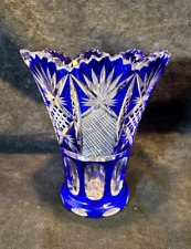 Vintage Bohemian Cobalt Blue Cut to Clear Glass Sawtooth Rim Vase 4 3/8