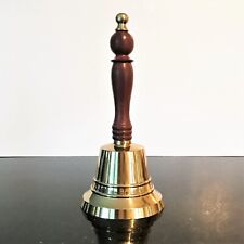 BRASS SCHOOL BELL Wood Handle Large 9inch Vintage picture