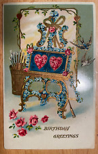Vintage Victorian Postcard 1910 Birthday Greetings - Flower Easel with Hearts picture