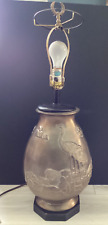 Vintage Brass Table Lamp With Duck Scenery Front back Wooden Base 27” tall picture