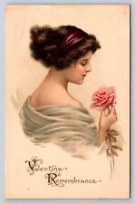 Postcard Valentines Day Pretty Brunette Woman Pink Rose Heads Tucks c1910s AD26 picture