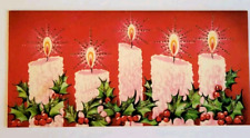 Beautiful Vintage Pink Candles & Holly Berries Glitter 1950s Christmas Card picture